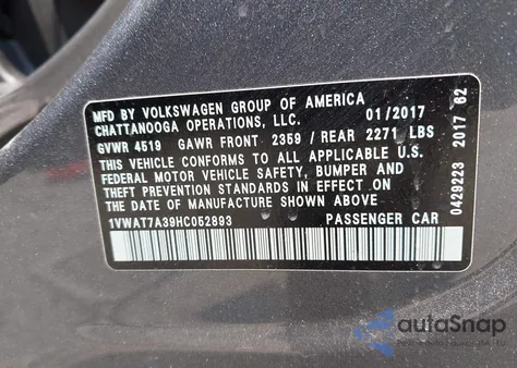 2017 Volkswagen Passat 1.8T S z USA, uszkodzony, nr VIN 1VWAT7A39HC05289